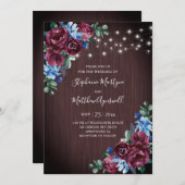 Blue Burgundy String Lights Floral Wood Wedding Einladung (Vorne/Hinten)