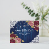 Blue Burgundy und Blush Wedding speichern das Datu Ankündigungspostkarte (Stehend Vorderseite)