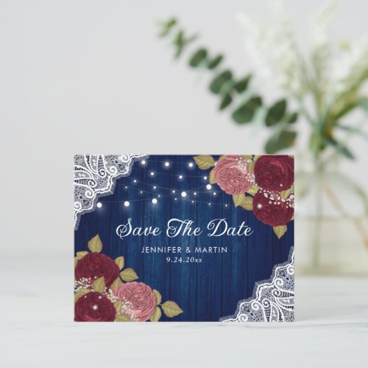 Blue Burgundy und Blush Wedding speichern das Datu Ankündigungspostkarte (Stehend Vorderseite)