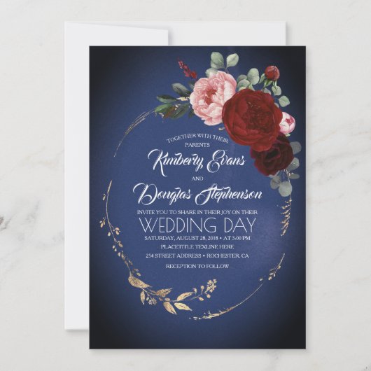 Blue Burgundy und Gold Floral Boho Wedding Einladung (Vorderseite)
