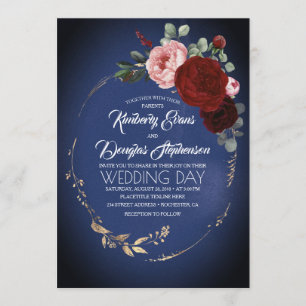 Blue Burgundy und Gold Floral Boho Wedding Einladung