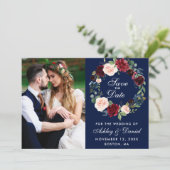 Blue Burgundy Watercolor Blumenzeremonie Save The Date (Stehend Vorderseite)