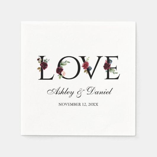 Blue Burgundy Watercolor Liebe Hochzeit Serviette (Vorderseite)