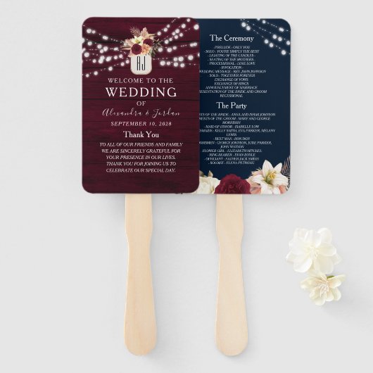 Blue Burgundy Wedding Program Hand Fan Fächer (Vorne und Hinten)