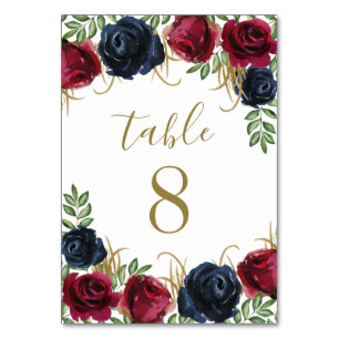 Blue Burgundy Wedding Tischnummer Cards