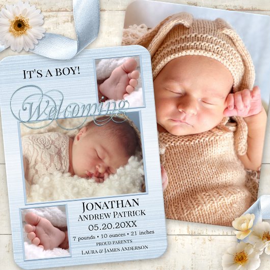 Blue Burlap Baby Birth Fotos Announccard Dankeskarte