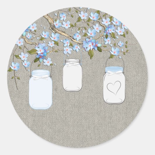 Blue Burlap Mason Jar Runder Aufkleber (Vorderseite)
