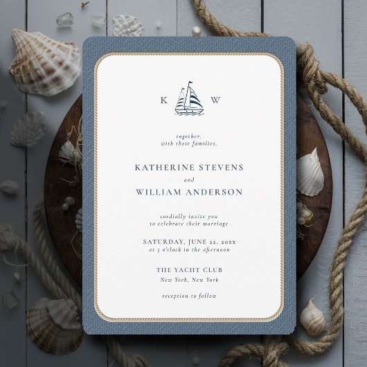 Blue Burlap Monogramme für Nautical Rope Wedding Einladung