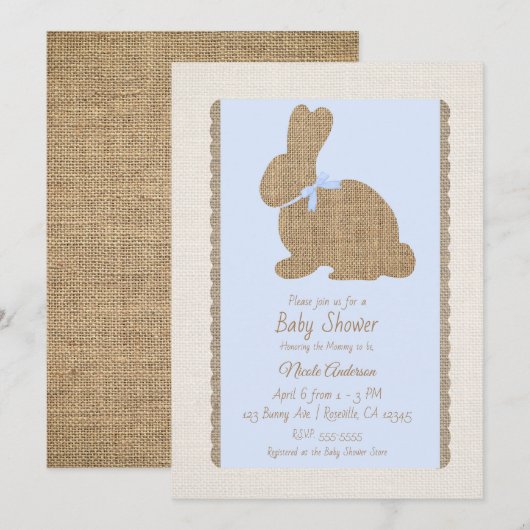 Blue & Burlap Rustic Bunny Oaster Baby Dusche Einladung (Vorne/Hinten)