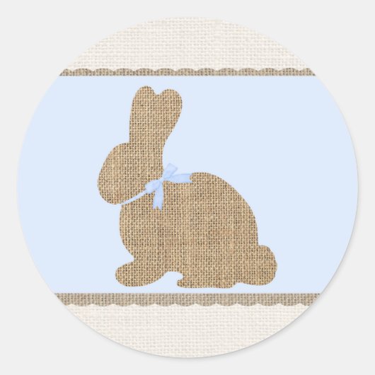 Blue & Burlap Rustic Bunny Oaster Baby Dusche Runder Aufkleber (Vorderseite)