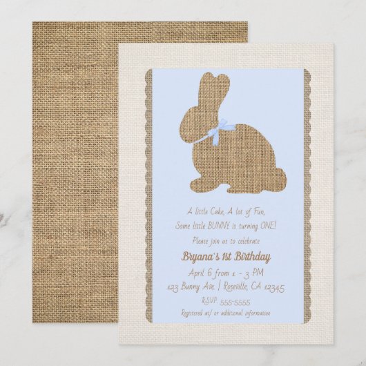 Blue & Burlap Rustic Bunny Oster 1. Geburtstag Einladung (Vorne/Hinten)
