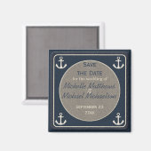Blue Burlap Ship's Anchor Nautical Save the Date Magnet (Vorderseite/Rückseite)