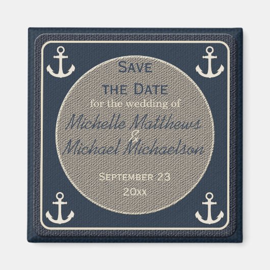 Blue Burlap Ship's Anchor Nautical Save the Date Magnet (Vorne)