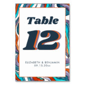 Blue Burnt Orange Wavy Moderne Retro Groovy Weddin Tischnummer (Vorderseite)