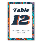 Blue Burnt Orange Wavy Moderne Retro Groovy Weddin Tischnummer (Rückseite)