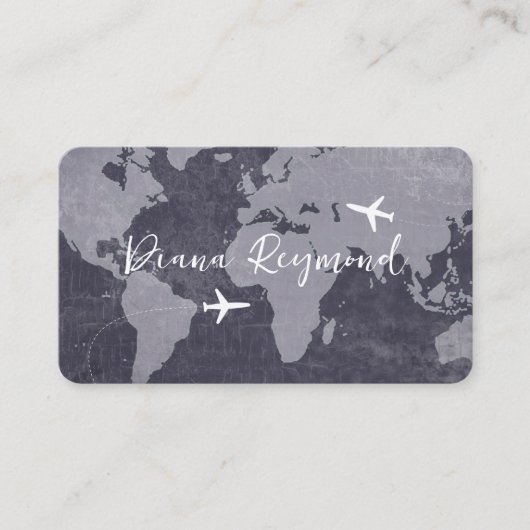 Blue Business Cards with World Map and Planes Visitenkarte (Vorderseite)