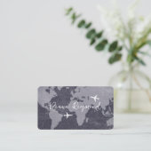 Blue Business Cards with World Map and Planes Visitenkarte (Stehend Vorderseite)