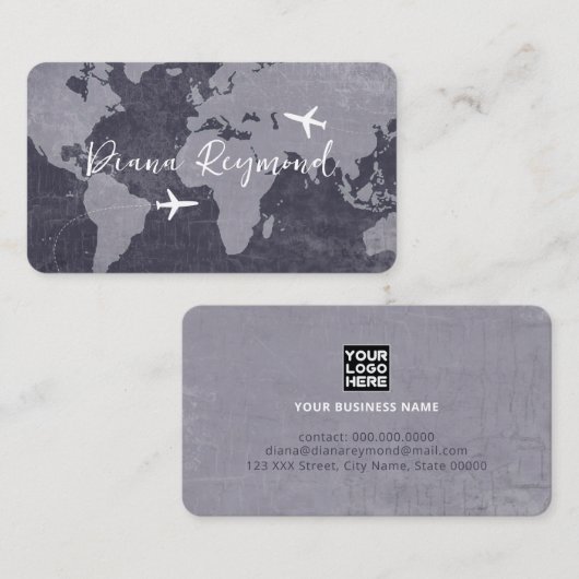 Blue Business Cards  with World Map and Planes Visitenkarte (Vorne/Hinten)