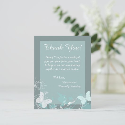 Blue Buttefly 4x5 Flat Wedding Danke Karte (Stehend Vorderseite)