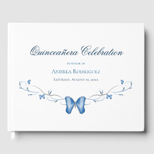 Blue Butterfells & Wirbel Quinceañera Gästebuch (Vorderseite)
