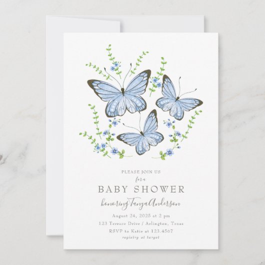 Blue Butterflies Baby Dusche Einladung (Vorderseite)