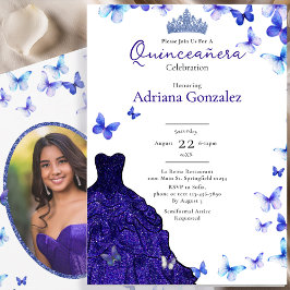 Blue Butterflies Dress Tiara Photo Quinceanera Einladung