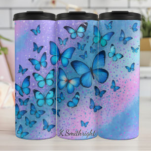 Blue Butterflies Glitzer Ombre Swirl Thermosbecher