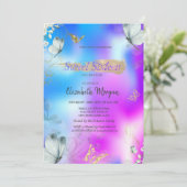 Blue Butterflies Holographic Sweet 16 Birthday  Einladung (Stehend Vorderseite)