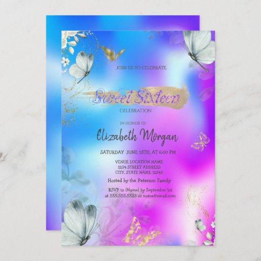Blue Butterflies Holographic Sweet 16 Birthday  Einladung (Vorne/Hinten)