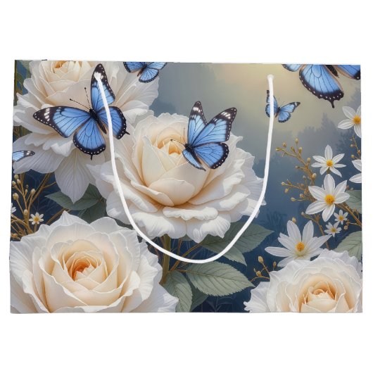 Blue Butterflies in a White Rose Garden Große Geschenktüte (Rückseite)