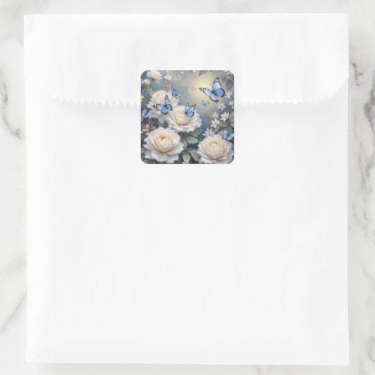 Blue Butterflies On White Roses and Daisies Quadratischer Aufkleber (Tasche)