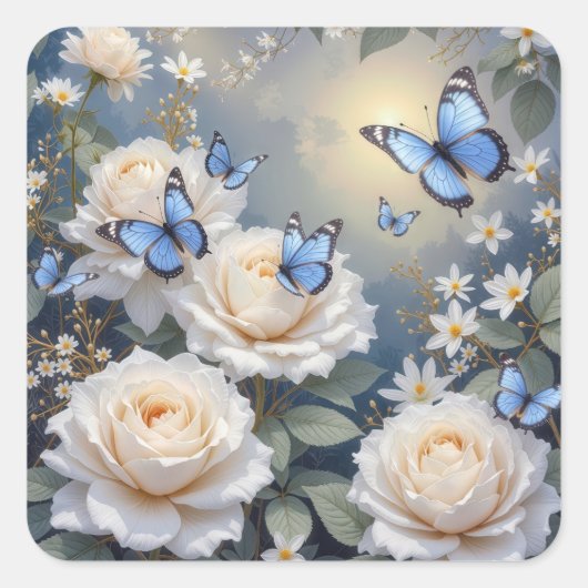 Blue Butterflies On White Roses and Daisies Quadratischer Aufkleber (Vorderseite)