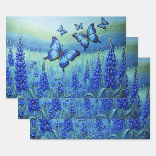 Blue Butterflies with Blue Flowers, Geschenkpapier Set (Set)