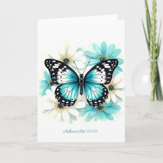 Blue Butterfly & Aqua Floral Watercolor Karte