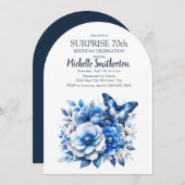 Blue Butterfly Blume Arch Überraschung 70. Geburts Einladung (Vorne/Hinten)