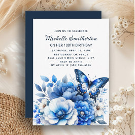 Blue Butterfly Blume Elegant 100. Geburtstag Einladung