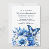 Blue Butterfly Blume Elegant 100. Geburtstag Einladung (Vorderseite)