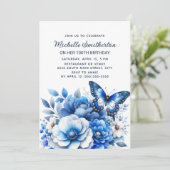 Blue Butterfly Blume Elegant 100. Geburtstag Einladung (Stehend Vorderseite)