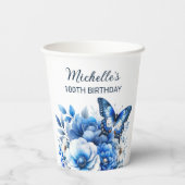 Blue Butterfly Blume Elegant 100. Geburtstag Pappbecher (Rückseite)