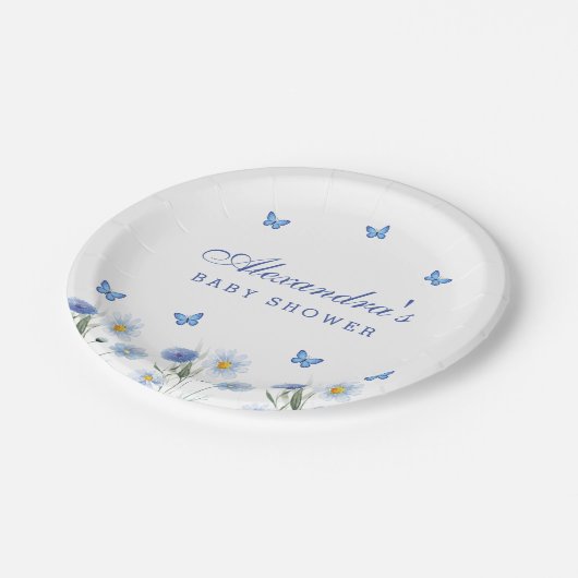 Blue Butterfly Boho Wildblume Baby Dusche Pappteller (Schrägansicht)