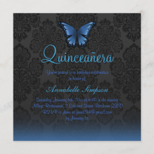 Blue Butterfly & Damask Quinceanera Einladung
