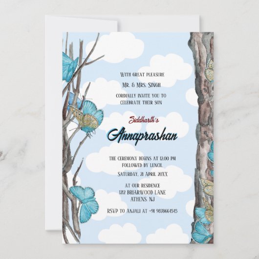 Blue Butterfly Design First Rice "Annaprashan" Einladung (Vorderseite)