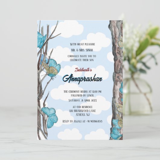 Blue Butterfly Design First Rice "Annaprashan" Einladung (Stehend Vorderseite)