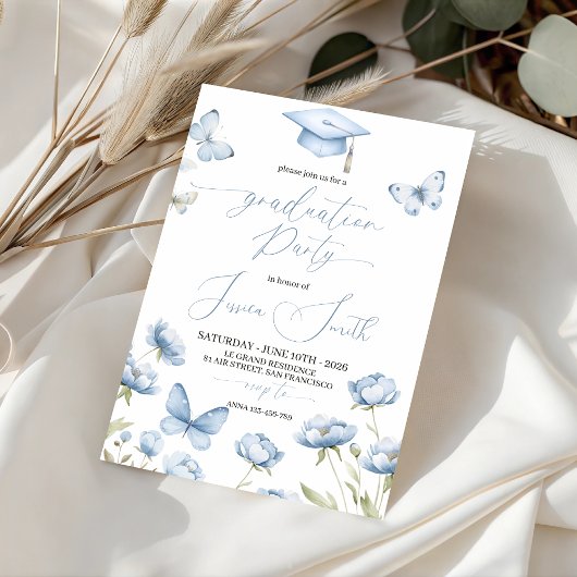 Blue Butterfly Floral Graduation Invitation Einladung