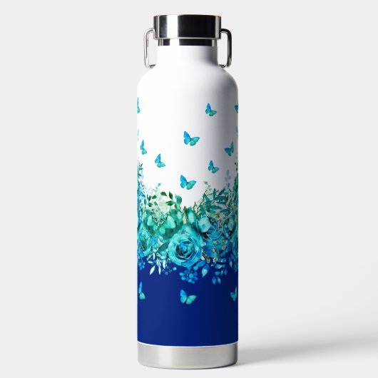 Blue Butterfly Floral Water Bottle Trinkflasche (Vorderseite)