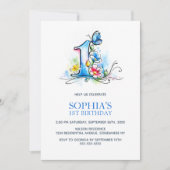 Blue Butterfly Flowers 1st Birthday Party Einladung (Vorderseite)