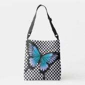 Blue Butterfly Klassisches Schachbrett Cross Body Tragetaschen Mit Langen Trägern (Rückseite)