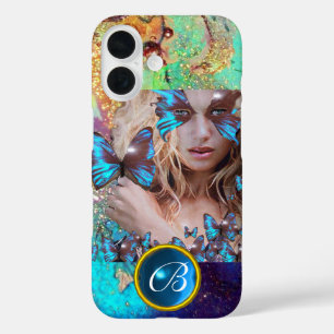 BLUE BUTTERFLY LADY, AQUAMARIN GOLD SPARKLE GEM MO iPhone 16 HÜLLE