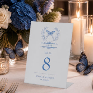 Blue Butterfly Monogram Wedding Tischnummer Sockelschild