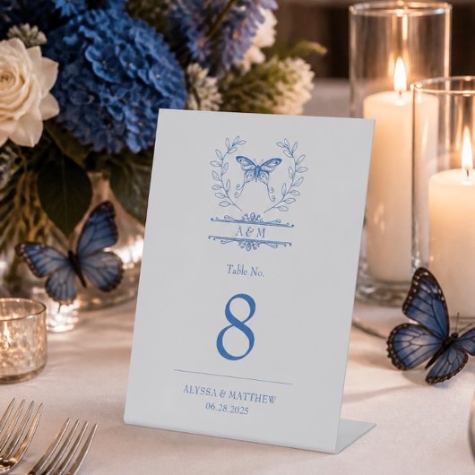 Blue Butterfly Monogram Wedding Tischnummer Sockelschild